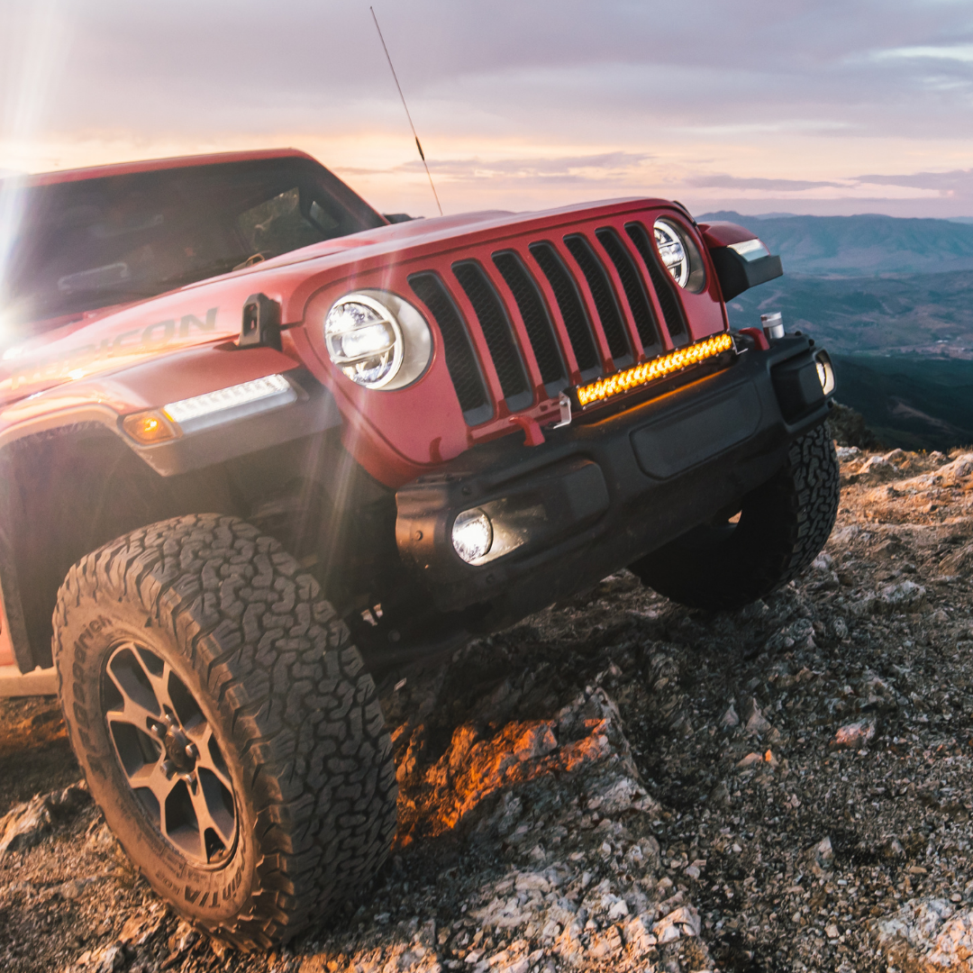 heretics 20 inch amber led light bar mounted on a jeep rubicon